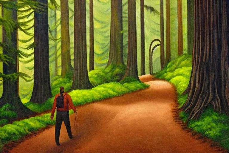 Prompt: a stunning wpa style painting of a man walking down a mysterious path in a redwood forest, award winning art, banana slug