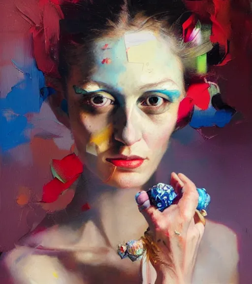 Prompt: delightful supermodel, diamond jewellery, by bartholomew beal, alfio presotto, rhads, salustiano garcia cruz, lita cabellut, contemporary art, mixed media, whimsical art, detailed,