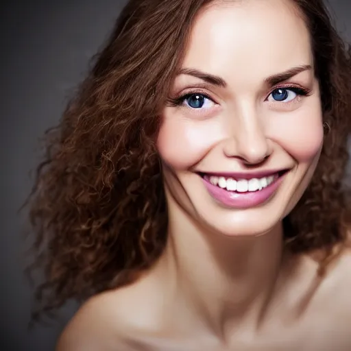 Image similar to face of a shy smiling woman, coherent, balance, lovely eyes, studio photo, soft light