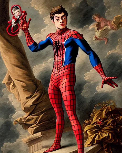 Prompt: peter parker spiderman, wearing a beautiful 1 8 th century suit with flounces and ribbons, rococo style, francois boucher style, highly detailed, very realistic, painterly style