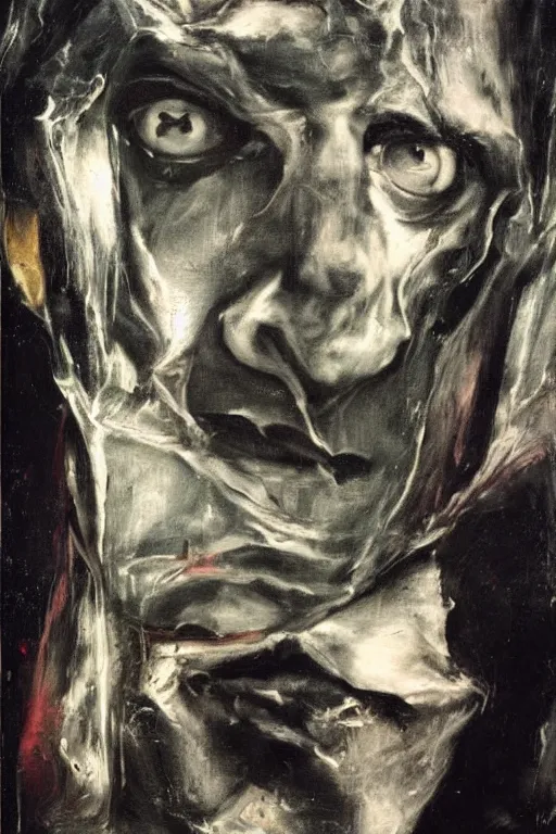 Image similar to menacing portrait of medici emerging from the dark void, lonely figure in the darkness, painted by Adrian Ghenie El Greco, painted by Lucian Freud, polaroid, Renaissance, John Singer Sargant, glitch