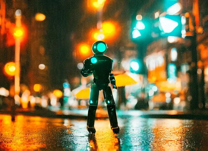 Image similar to a 2 8 mm macro kodachrome photo of a tall huge metallic cyborg droid with glowing lights, walking alone on a rainy night in the city in the 1 9 5 0's, seen from a distance, bokeh, canon 5 0 mm, cinematic lighting, film, photography, golden hour, depth of field, award - winning, neon, cyberpunk