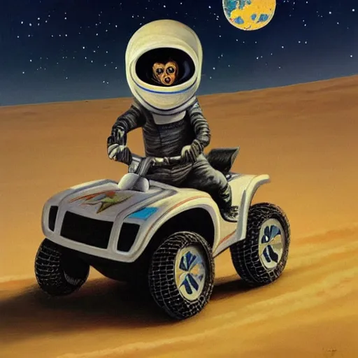 Prompt: painting of monkey wearing a space helmet riding an atv on the moon, jim burns style