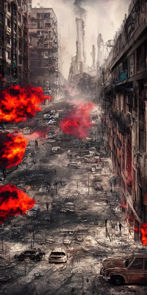 Image similar to post - apocalyptic kreuzberg streets, burned cars, explosions, colorful smoke, hyperrealistic, gritty, damaged, dark, urban photography, photorealistic, high details