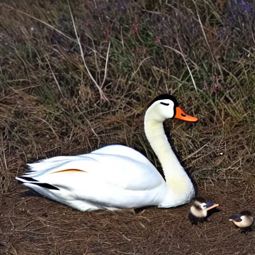 Image similar to a crossbreed of wild duck and a swan, with chicks, photo