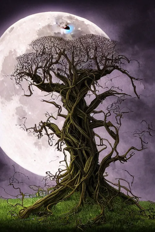 Image similar to a beautiful digital illustration painting of a detailed gothic fantasy full moon and roots, throne chair and vines, dramatic cinematic sky colors by benoit b. mandelbrot, steven belledin, martin johnson heade, lee madgwick, caspar david friedrich, and david rios ferreira. 8 k resolution trending on artstation concept art digital illustration