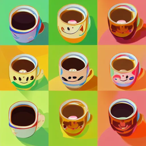 Prompt: colorful happy japanese illustration of smiling coffee cups surrounded by beautiful nature and patterns, 4 k, high detail