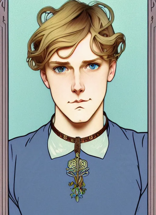 Image similar to art nouveau portrait of a pretty young man with short light brown straw blond hair, light blue eyes, sad expression, scared, head down, shy and demure, wearing a choker collar, natural lighting, path traced, highly detailed, high quality, cartoon, digital painting, by don bluth and ross tran and studio ghibli and alphonse mucha