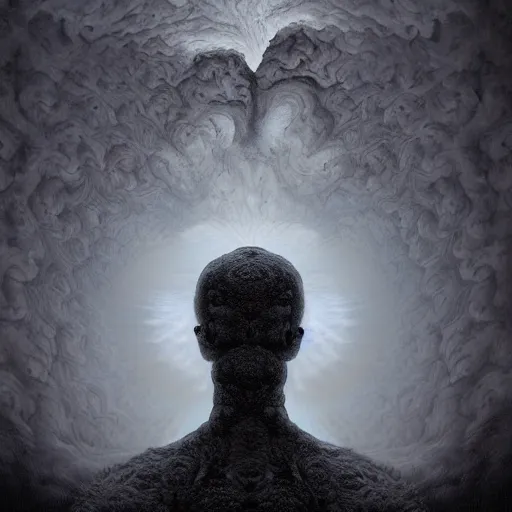 Image similar to dramatic matte portrait painting of man with black mandelbrot fractal instead of face, horror, body horror, dark art,