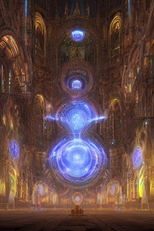 Image similar to a centered photo real render of a post apocalyptic cathedral surrounded by glowing fractals and ornate flowing light streams sacred geometry, by beeple, by donato giancola, unreal engine