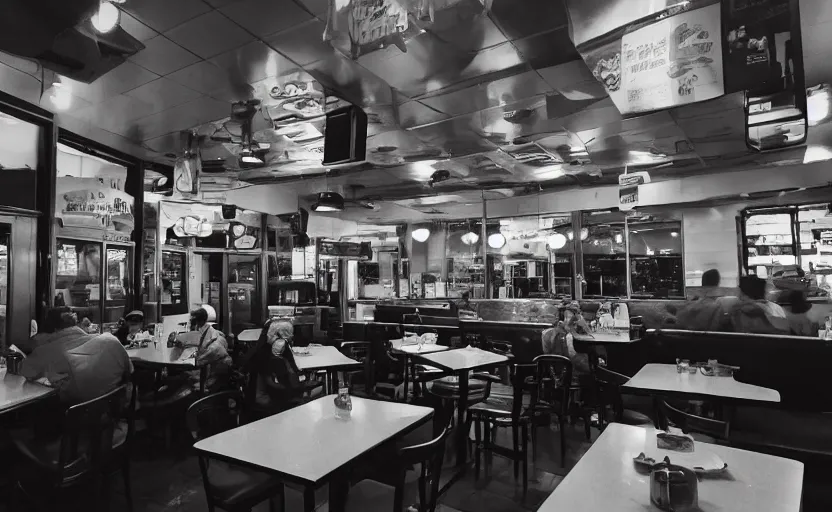 Image similar to a picture of the inside of a late night diner, in the middle of the night in the big city