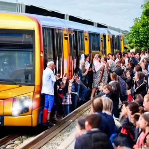 Prompt: public transport showing up on time and everyone applauding it