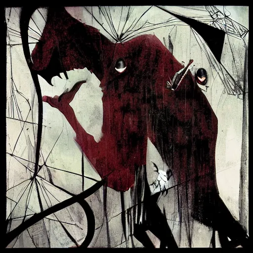 Image similar to A diphenhydramine trip, by Dave McKean, spiders, dark, hat man