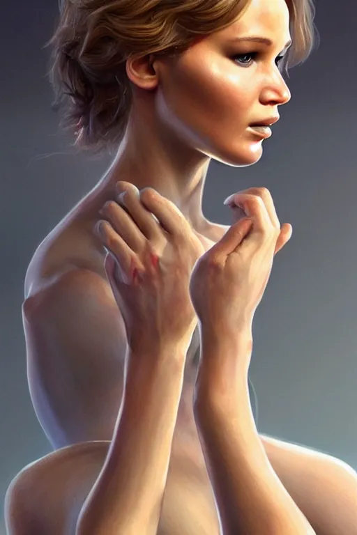 Image similar to Jennifer Lawrence, anatomy, only two hands, highly detailed, digital painting, artstation, concept art, smooth, sharp focus, illustration, Unreal Engine 5, 8K, art by art by artgerm and greg rutkowski and edgar maxence