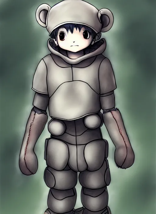 Image similar to beautiful little boy wearing an cyborg bear suit, artwork in kentaro miura and made in abyss and rosdraws, smooth, beautiful lightness, anatomically correct, trending on pixiv, forest