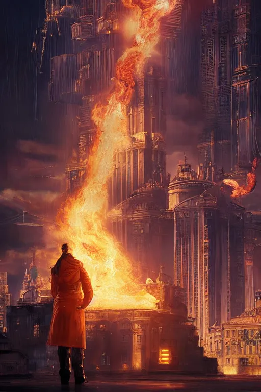 Prompt: in the foreground Saint Petersburg in cyberpunk, in the background a magnificent young blonde woman from behind playing with flames coming out of her hands wearing a long matrix-style jacket, realistic, high definition, many details, dramatic scene, symmetrical face, eyes realistic, art of michael komarck