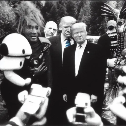 Image similar to polaroid photograph of donald trump meeting aliens, black and white, blurry