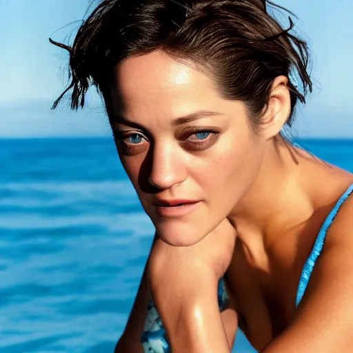 Image similar to Portrait Photography, medium closeup of young Marion Cotillard, victoria's secret body, poses in 2 Piece Mini Micro Push Up Swimsuits at summer beach, confident pose, fierce expression, editorial photography, SI swimsuit magazine