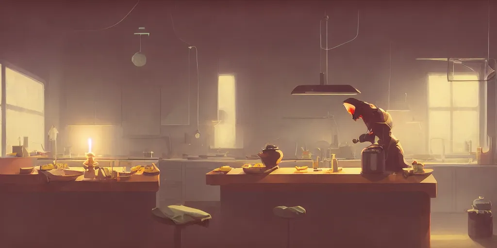 Image similar to minimalistic kitchen dim lit by a candle ripped physique simon stalenhag gerald brom bastien grivet by greg rutkowski, fisheye camera, extreme perspective