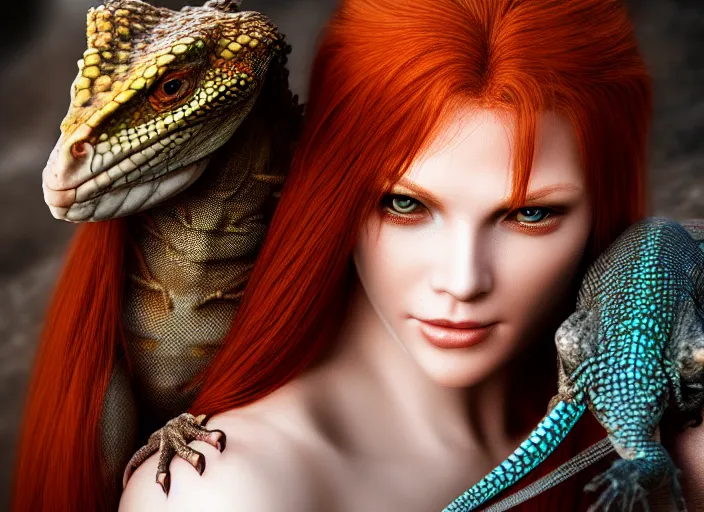 Image similar to 5 5 mm photo of an armored redhead woman with a lizard sitting on her shoulder by luis royo. highly detailed 8 k. intricate. lifelike. soft light. nikon d 8 5 0. cinematic post - processing