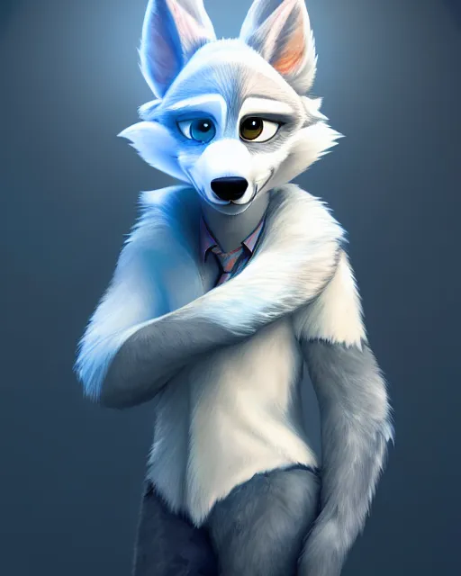 Image similar to portrait of cute male anthropomorphic white wolf in the style of zootopia in cyberpunk city, volumetric light, artstation, concept art, 8 k, high detail, perfect