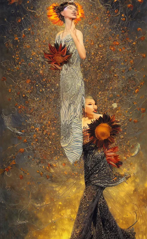 Prompt: a china cat sunflower walking proudly jingling in the midnight sun with a bodhi that drips a silver kimono Like a crazy quilt star gown through a dream night wind, intricate and complexly detailed oil painting, by Karol Bak and Tony Diterlizzi, influenced by Artgerm, golden hour scene, multi-dimensional, 8k, octane rendering,