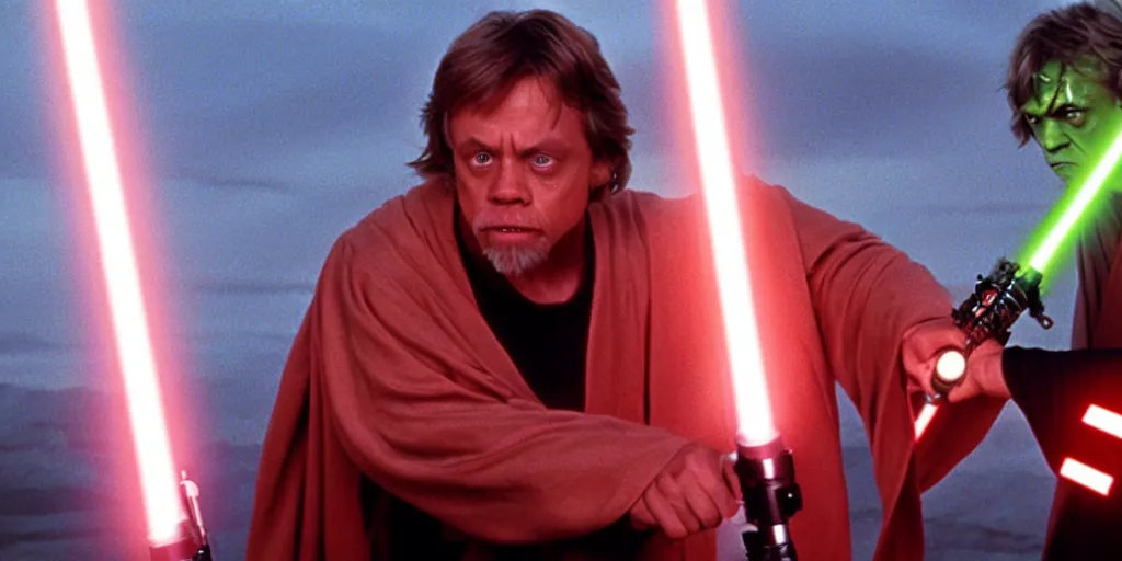 Prompt: A full color still of Mark Hamill as Jedi Master Luke Skywalker and his green lightsaber having a lightsaber battle with Sith Lords and their red lightsabers, with large windows showing a sci-fi city outside, at dusk at golden hour, from The Phantom Menace, directed by Steven Spielberg, 1997