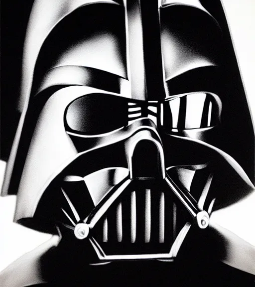 Image similar to black-and-white portrait of Darth Vader by Craig Mullins; extraordinary-masterpiece; realistic-lighting; 90mm; f/1.4