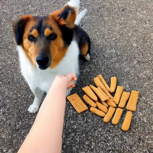 Image similar to dog that has normal human legs for legs, eating wheat treats,