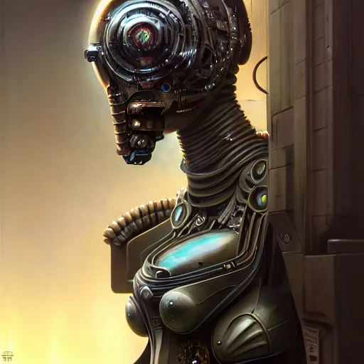 Image similar to front shot of a cyberpunk gazmask robot character, intricate, elegant, highly detailed, centered, digital painting, artstation, concept art, smooth, sharp focus, illustration, artgerm, Tomasz Alen Kopera, Peter Mohrbacher, donato giancola, Joseph Christian Leyendecker, WLOP, Boris Vallejo