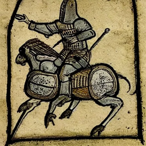 Image similar to medieval drawing of a Knight riding a snail