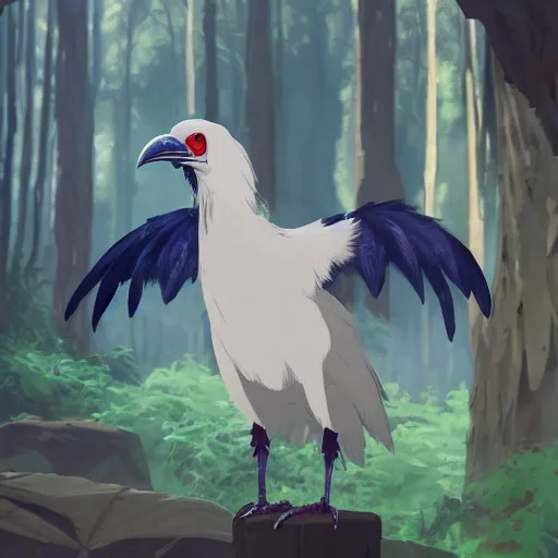 Image similar to concept art painting of an anthropomorphic albino raven wearing dark blue robes, in the deep forest, realistic, detailed, cel shaded, in the style of makoto shinkai and greg rutkowski and james gurney