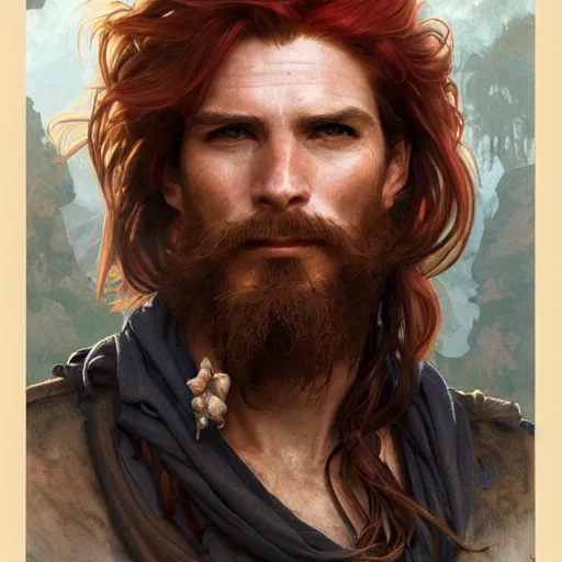 Image similar to portrait of a young ruggedly handsome but joyful pirate, male, masculine, upper body, red hair, long hair, d & d, fantasy, soft smirk, intricate, elegant, highly detailed, digital painting, artstation, concept art, matte, sharp focus, illustration, art by artgerm and greg rutkowski and alphonse mucha