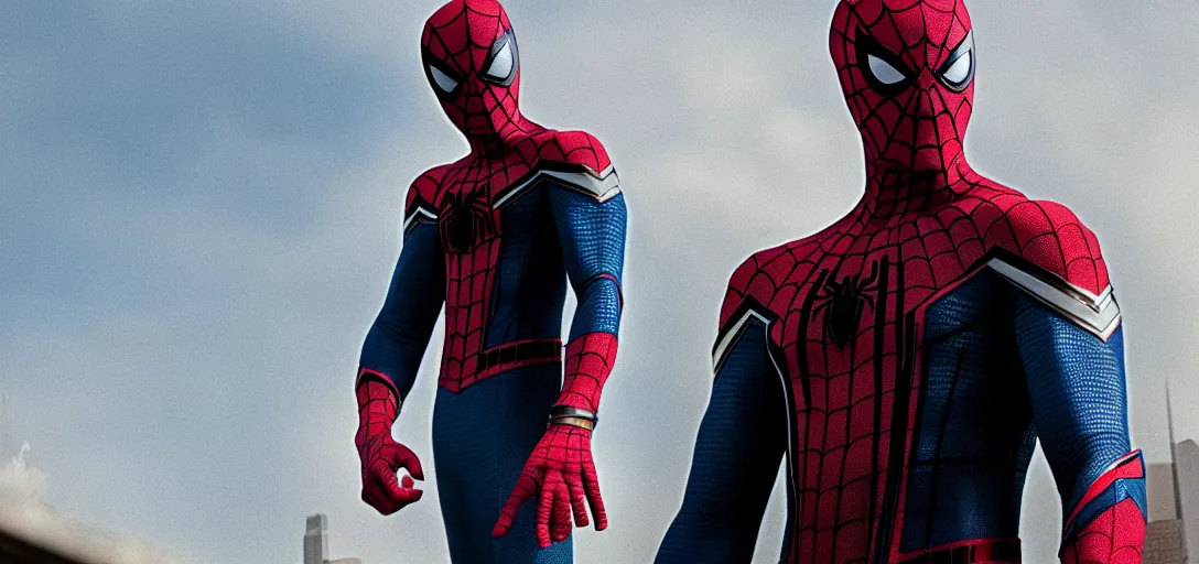 Image similar to Gigachad Spider-Man unmasked, film still, wide-shot, full shot, cinematic lens, heroic portrait