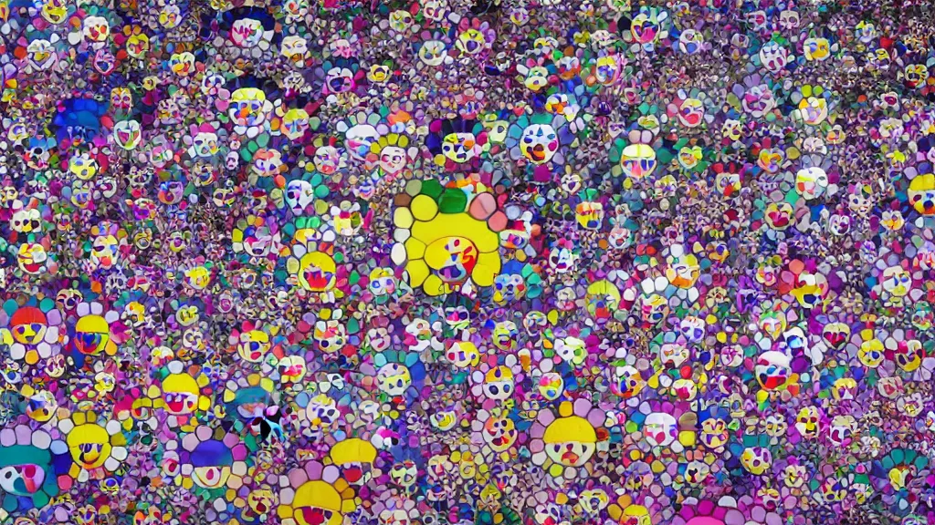 Prompt: party at midnight, bay area, peyote colors, by takashi murakami