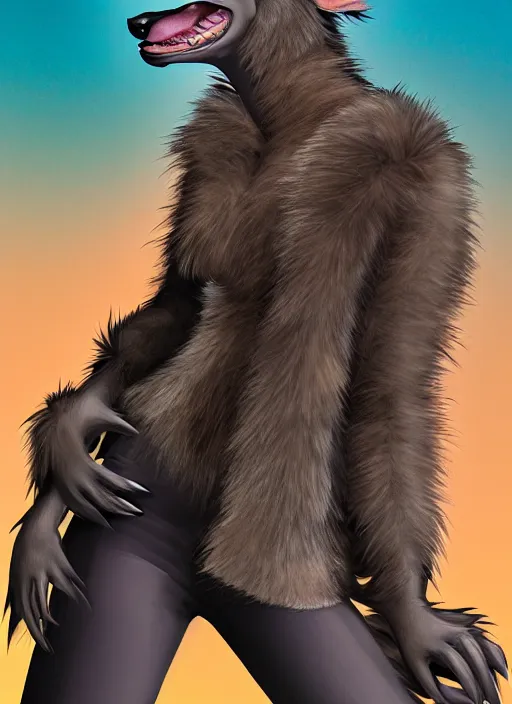 Prompt: award winning beautiful portrait commission of a female furry anthro hyena fursona with a bushy tail and a leather jacket, detailed background, urban streets, artificial lighting, cute, beautiful, attractive, detailed,