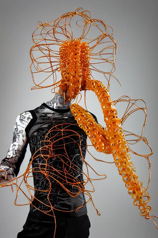 Prompt: machine cover art arms!!!! face!!! true crime streets of la unwrapped statue bust spikey hair petite lush front side view body unfolds photography model full body curly jellyfish gun art contrast vibrant futuristic wire fabric skin jellyfish material metal veins style of jonathan zawada, thisset colours simple background objective