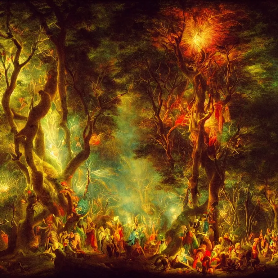 Image similar to closeup of a night carnival inside a tree cavity in a magical forest in the middle of a summer storm, with a music scenario with many fireworks and christmas lights, volumetric lightning, instense god rays in the sky, folklore people disguised with fantastic creatures in a magical forest by summer night, masterpiece painted by ary scheffer, very coherent and colorful high contrast masterpiece,