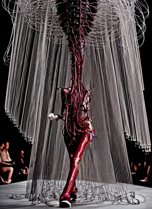 Image similar to walking down the catwalk, steven klein, mert alas and marcus piggott, show, stage, vogue photo, podium, fashion show photo, iris van herpen, beautiful woman, full body shot, masterpiece, inflateble shapes, plant predator, guyver, jellyfish, wires, veins, biomechanical details, colourfull