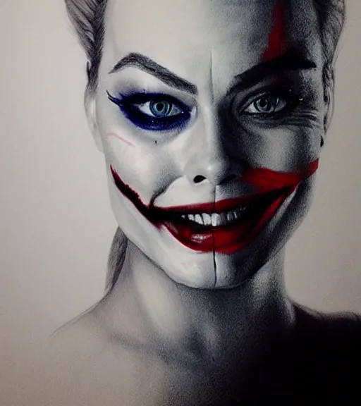 Prompt: margot robbie portrait with joker makeup, pencil drawing, realistic face, beautiful eyes, smiling, hyper realistic, highly detailed