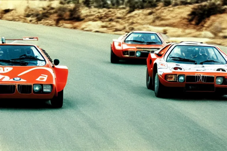 Image similar to ((BMW M1)) Lancia Stratos!!, movie still, speed, cinematic Eastman 5384 film