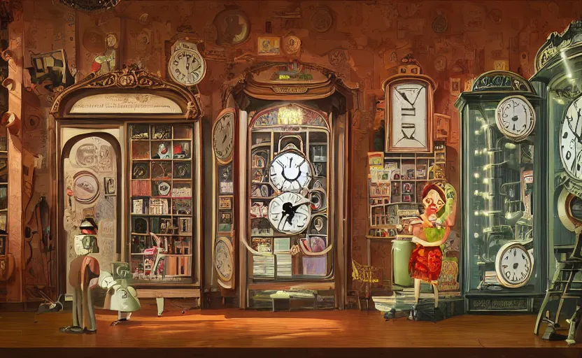 prompthunt: interior of a steampunk clock shop, father time tinkering, old  grandfather clocks everywhere, realistic, very intricate hyper detailed  collage on paper