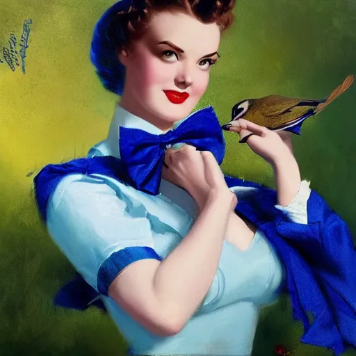 Image similar to portrait of a pinup girl holding an indigo bunting, bird, the bird is wearing a bowtie, by greg rutkowski, rossdraws, gil elvgren, enoch bolles, anime, porcelain skin, very coherent