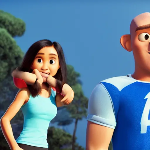 Image similar to young beautiful athletic Filipino woman with long hair standing beside a handsome caucasian athletic thin man with short buzzed hair, high widows peak, stubble on his face, blue eyes, depicted as Pixar characters, high quality cg render