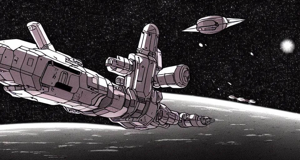 Prompt: a large mecha space ship in space, desaturated, moebius, complementing colors, maschinen krieger, dim lights, film