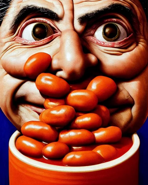 Prompt: portrait of mr bean's face in a bowl full of baked beans, face covered in beans and tomato sauce, beans in his eyes sockets, pile of beans on his head, baked beans instead of his eyes, mouth wide open and full of baked beans, overflowing with baked beans, rowan atkinson, muted colors, surrealist oil painting, highly detailed