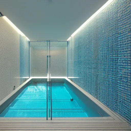 Image similar to windowless hall with small blue tiles, steps to a a water pool