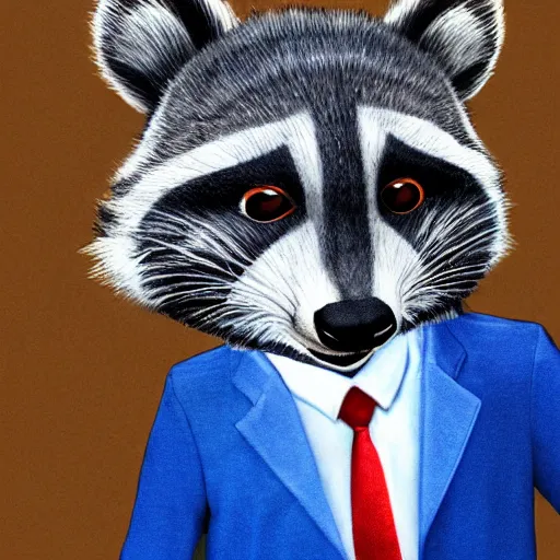 Prompt: anthropomorphic racoon, chibby, male, blue jacket