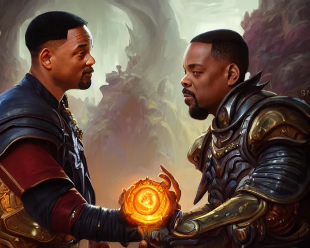 Image similar to will smith getting slapped by chris rock, deep focus, d & d, fantasy, intricate, elegant, highly detailed, digital painting, artstation, concept art, matte, sharp focus, illustration, hearthstone, art by artgerm and greg rutkowski and alphonse mucha