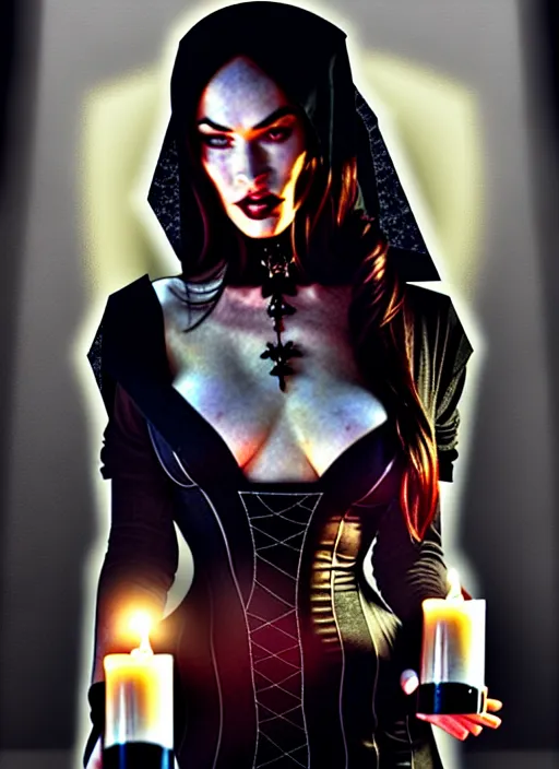 Image similar to megan fox witch queen, black eyes, blood, full body, intricate victorian dress, middle shot, cinematic lighting, studio quality, symmetrical eyes, caravaggio, artgerm, joshua middleton, rafael albuquerque, moody lighting, candles